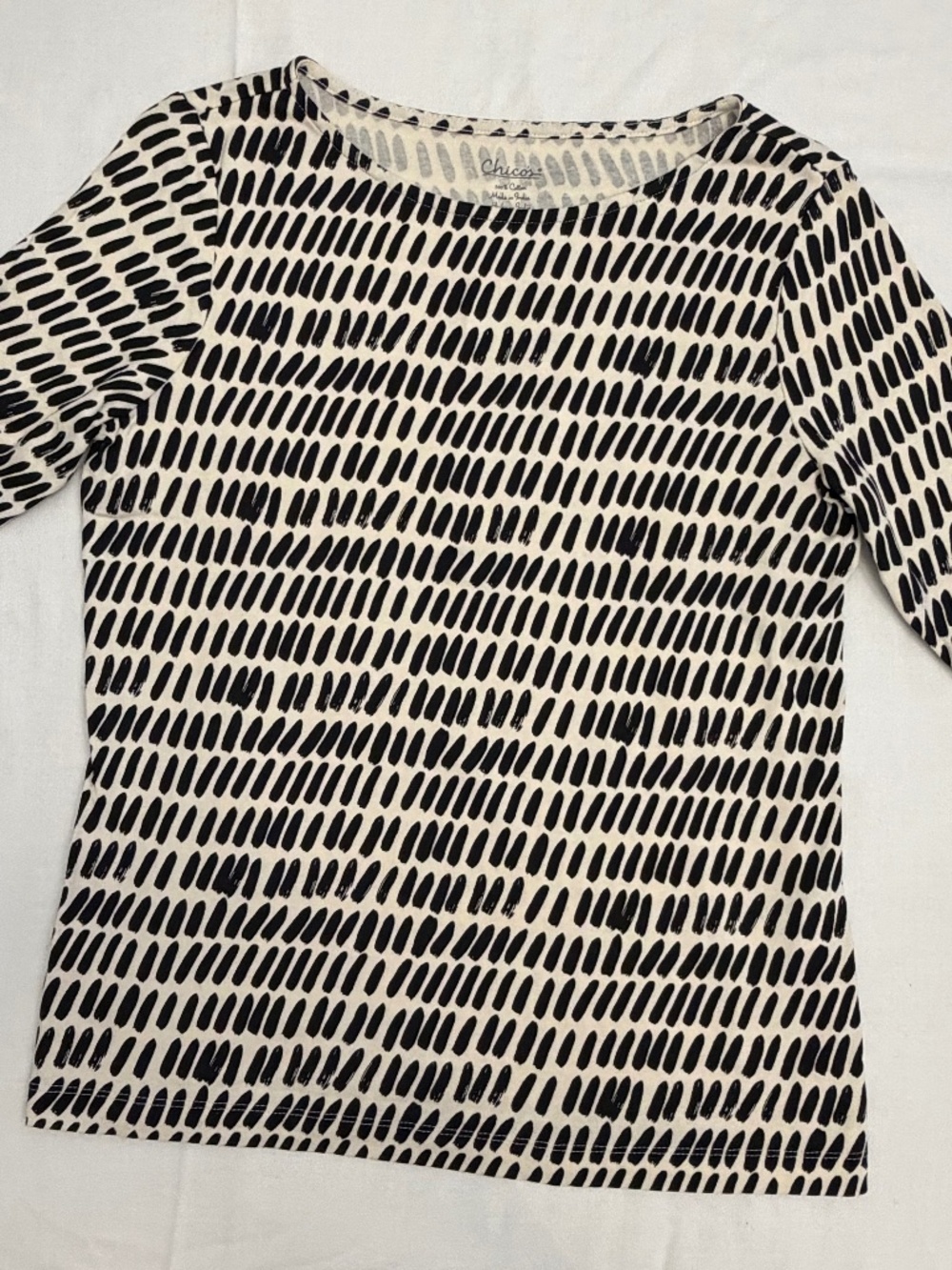 Chico’s Ink Spots Button Tee Cream Black 100% Cotton Size 1